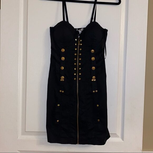 Entry Black Bustier Mini Dress Adjustable Straps Gold Buttons Size Small. - Picture 2 of 8